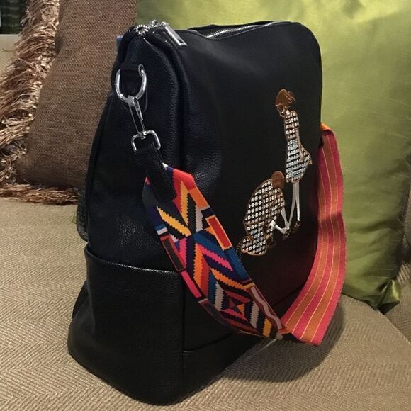 BACKPACK BLACK PEBBLE LEATHER TWO COLOR GUITAR STRAP SCHOOL WORK OFFICE … - Picture 6 of 13